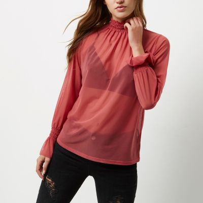 Coral shirred neck textured mesh top